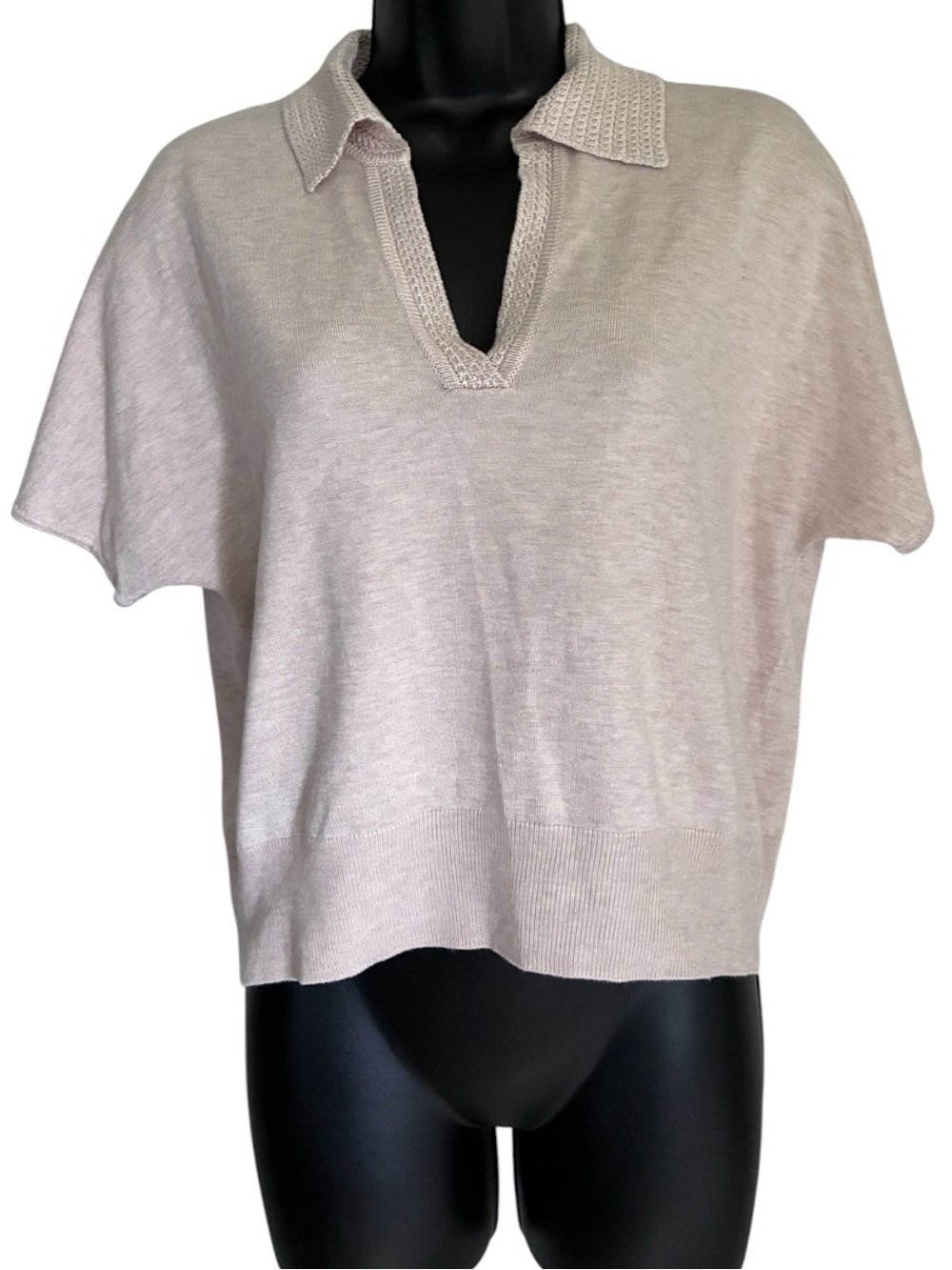 Marled Preppy Minimalist Cream Tan Knit Polo Sweater Crop Top Sz M